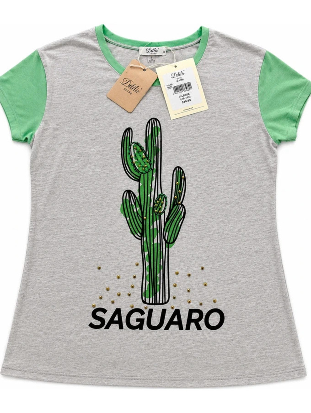 Delila Saguaro Graphic T-Shirt with Green Sleeves and Beaded Detail